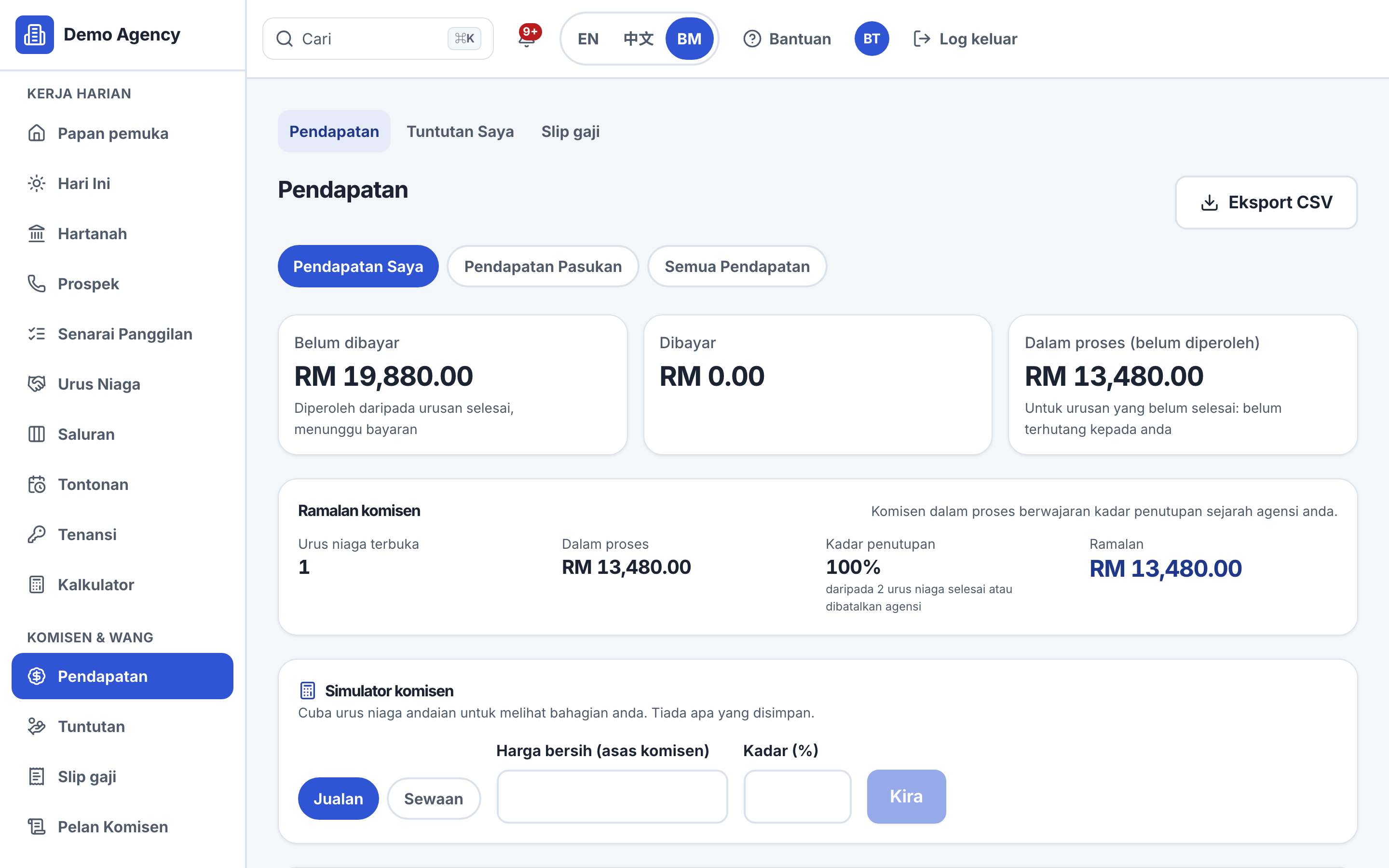 Tangkapan skrin halaman pendapatan dengan komisen belum dibayar dan ramalan