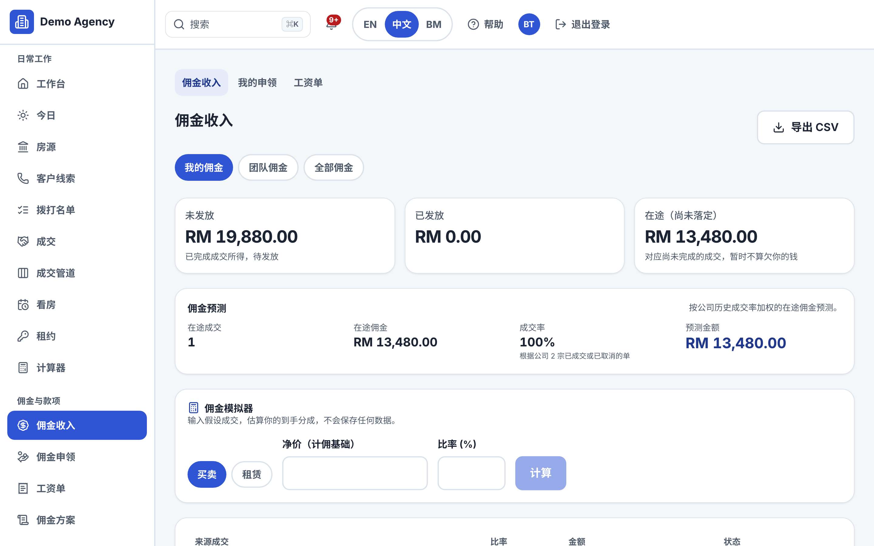收入页面截图,显示未发佣金与预测