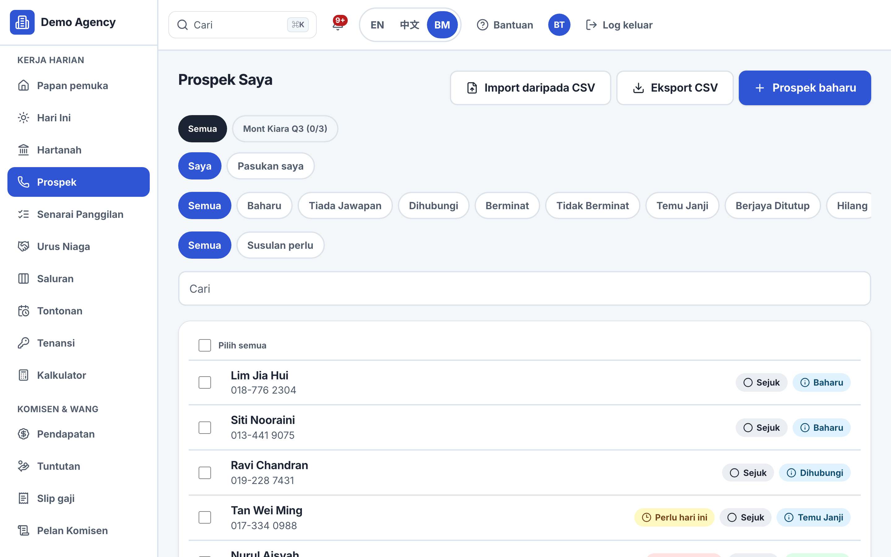 Tangkapan skrin senarai prospek dengan penapis status dan senarai panggilan